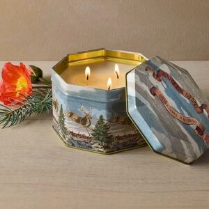 John Derian Scents Winter Pine & Poppy Candle in Vintage Inspired Reindeer Tin